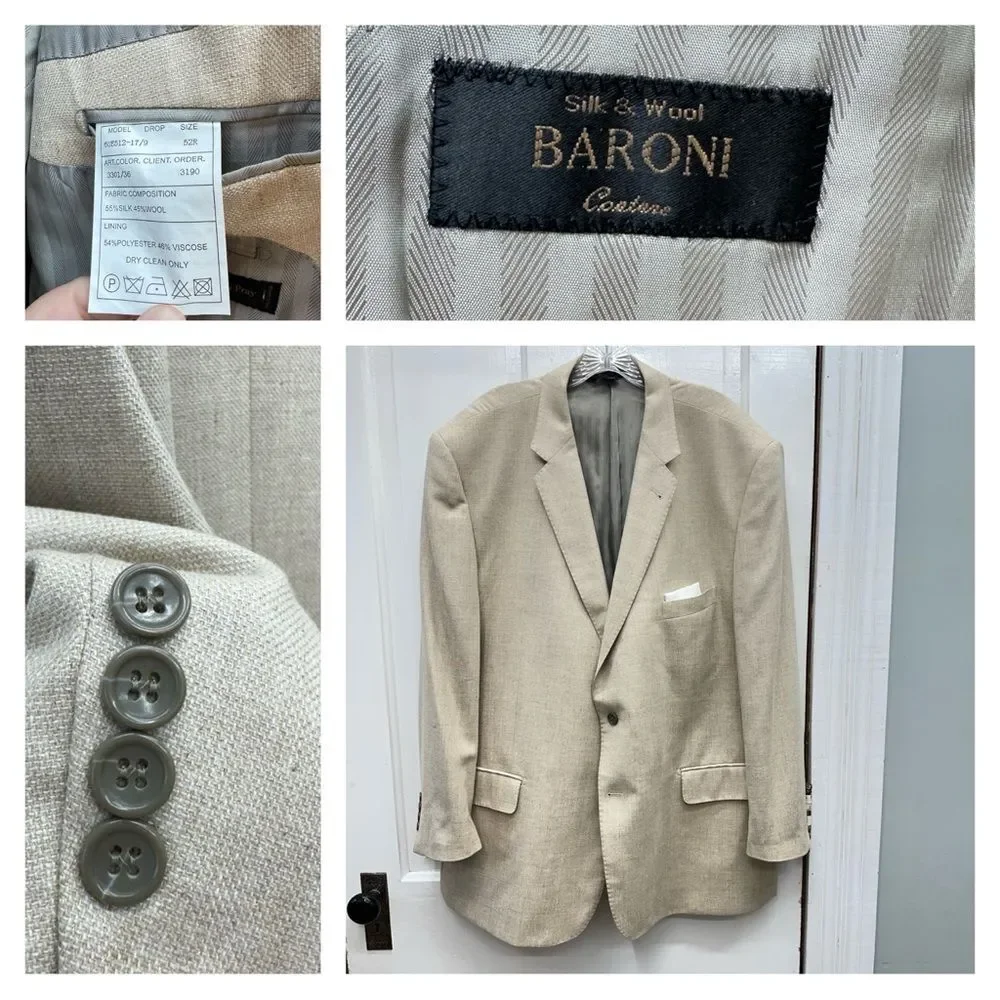 Baroni wool silk blend cream tan suit coat blazer jacket men's 52R Piattelli‎